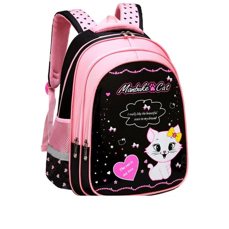 Blue kids school backpack with cute cat print showing front zipper compartment and shoulder straps