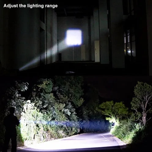 Small black aluminium telescopic LED flashlight with zoom adjustment and a pocket clip.
