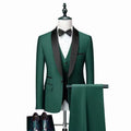 Men's three-piece polyester suit set in white, including jacket, trousers, and vest, on a hanger.