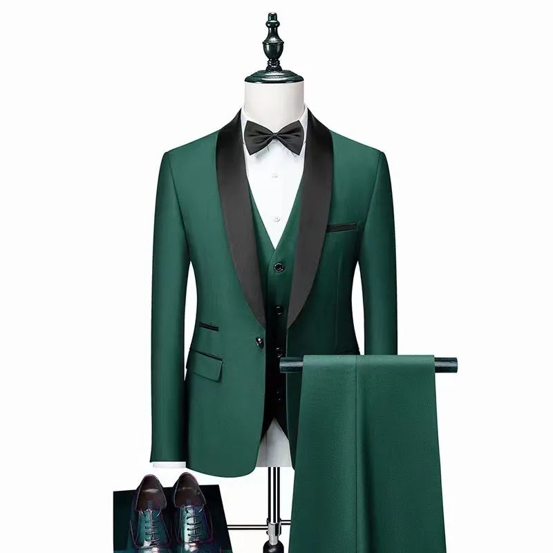 Men's three-piece polyester suit set in white, including jacket, trousers, and vest, on a hanger.