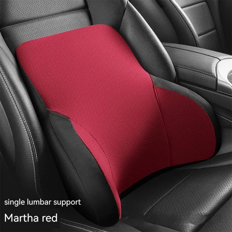 Black memory foam car headrest and lumbar support pillow set on a car seat