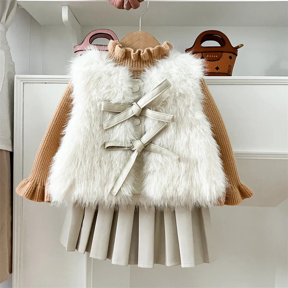 Girls autumn winter fur waistcoat leather skirt suit in solid colour Korean style