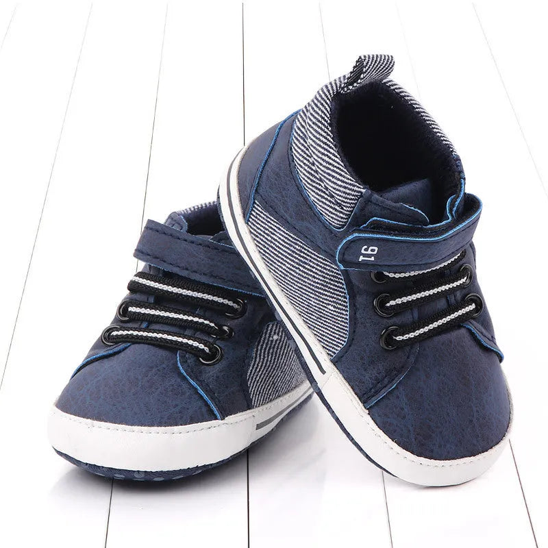 Blue high-top cotton toddler shoes for boys with Velcro fastening on a non-slip sole