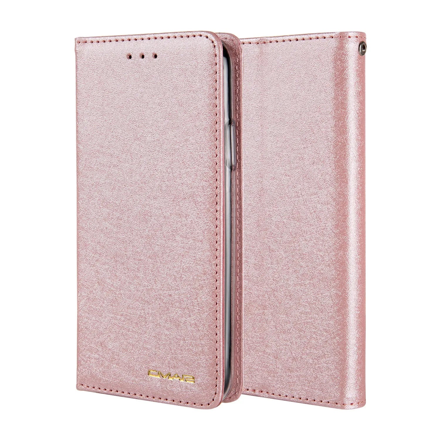 Apple iPhone flip wallet case in PU leather with card slot, shown in multiple colours.
