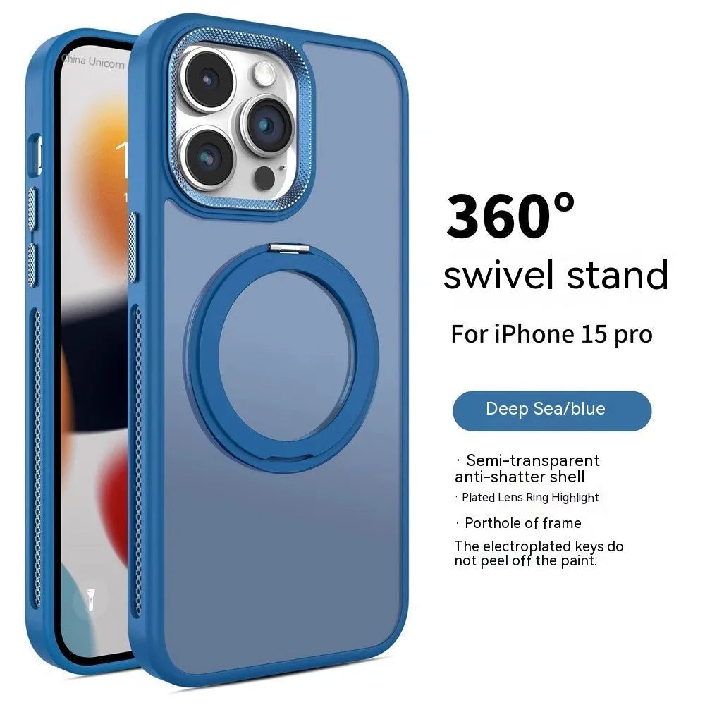 Rotating bracket magnetic suction iPhone case in deep sea blue, showing frosted silicone finish and integrated stand.