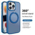 Rotating bracket magnetic suction iPhone case in deep sea blue, showing frosted silicone finish and integrated stand.