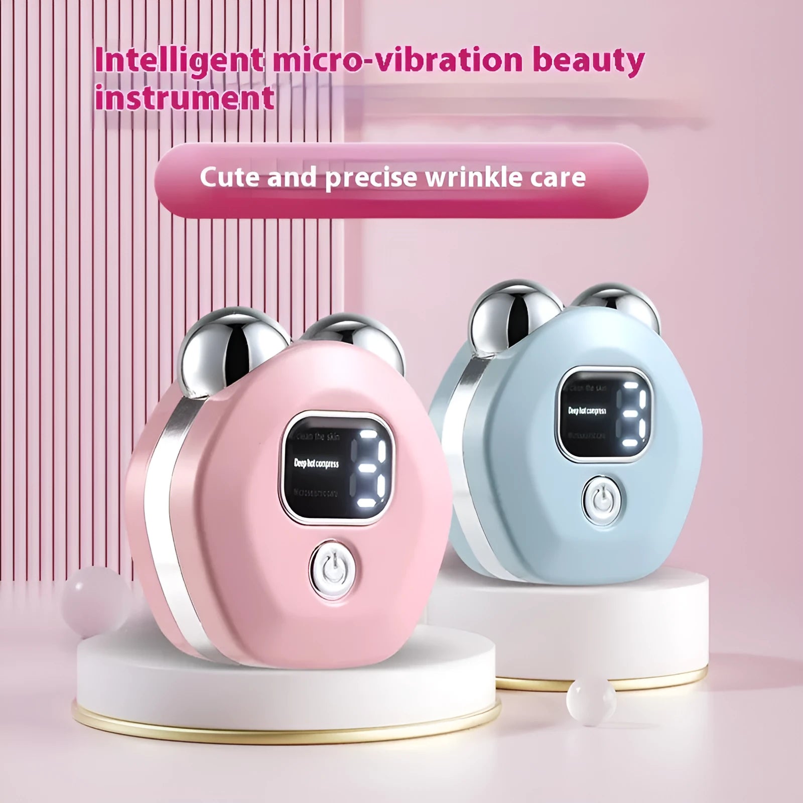 Portable white hot compress massage instrument with a double-roller head for facial micro current treatment.