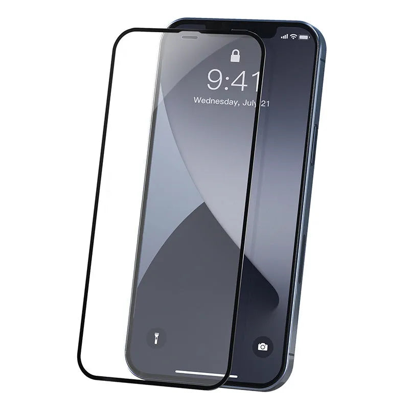 0.23mm curved tempered glass film for iPhone 12 mini in solid black, with non-broken edge and full-screen coverage.