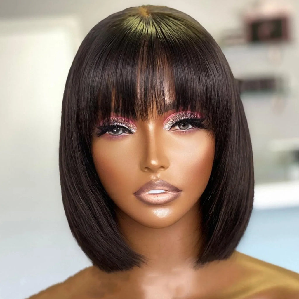 Su Bob's human hair lace wig 10 inch natural style black colour on a mannequin head