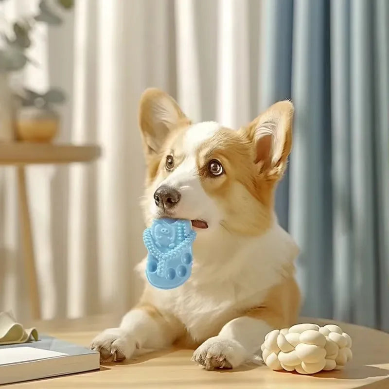 Durable rubber dog chewing toy in slipper shape, blue colour, on light background