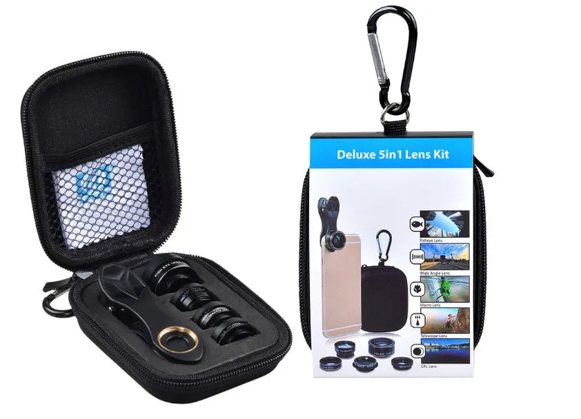 Universal 5-in-1 clip-on smartphone lens kit with wide-angle, macro, fisheye, telephoto, and CPL lenses.