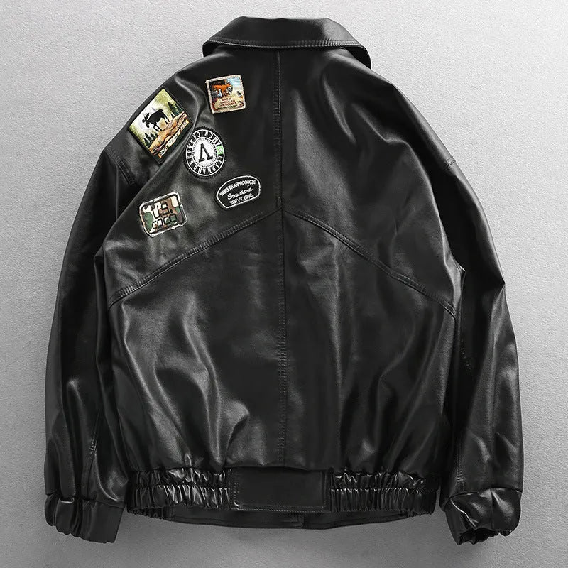 Men's black PU leather biker jacket loose street trend youth pop style front view