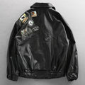 Men's black PU leather biker jacket loose street trend youth pop style front view