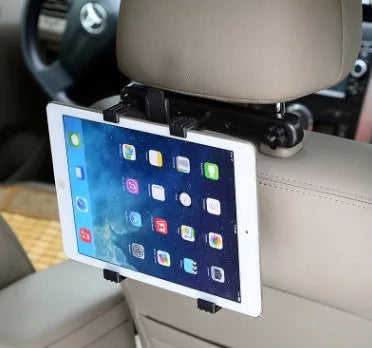 Black car seat tablet holder mounted on headrest with iPad