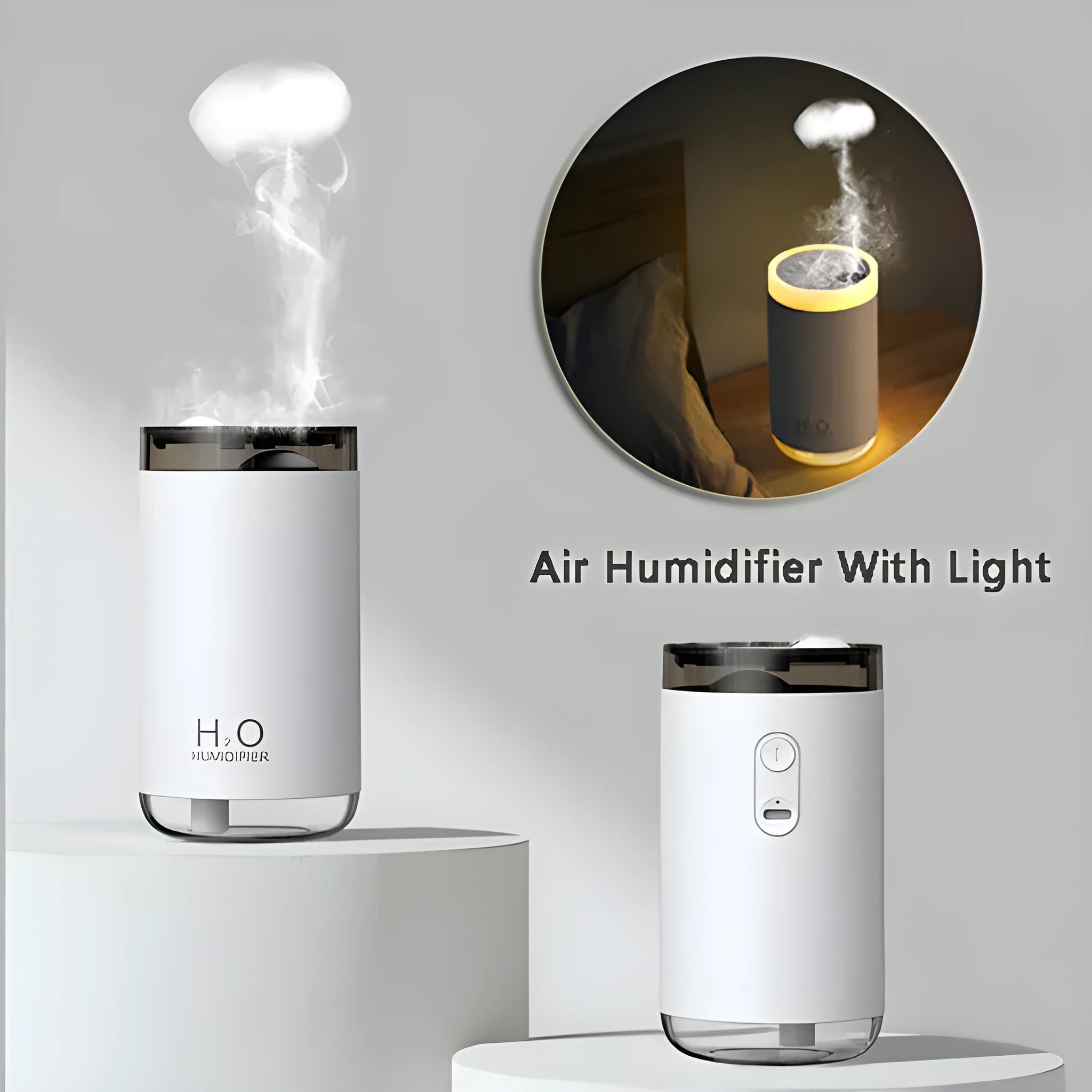 Jellyfish-shaped USB humidifier with smoke ring mist output and warm night light in blue colour