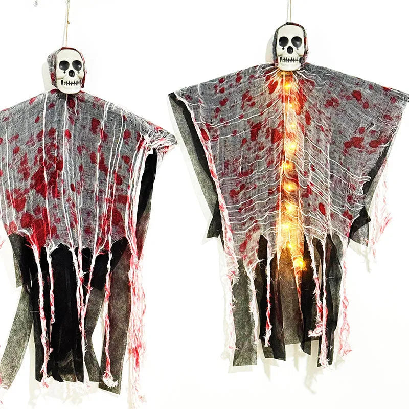 Plastic Halloween hanging ghost ornament with luminous blood-dyed skull.