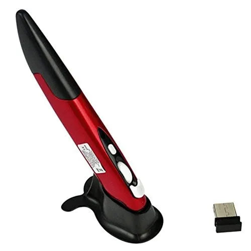 Wireless optical pen mouse in blue pen shape with USB receiver and support stand