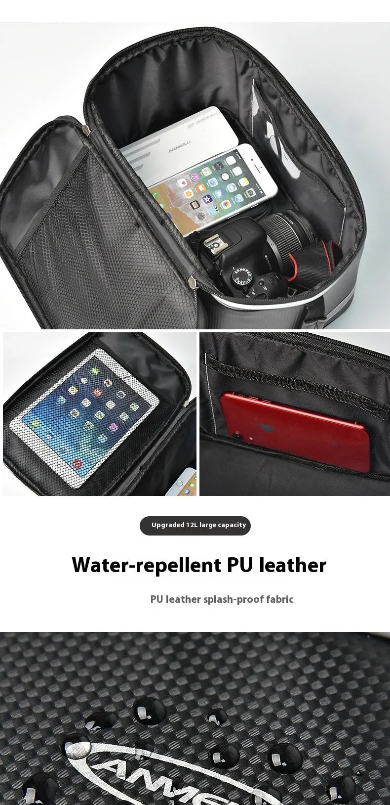 Black waterproof 12L PU leather backseat bicycle rack bag for electric cars