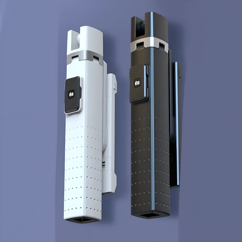 Tetrapod mobile phone selfie stick with double fill light and Bluetooth remote, white colour, extended on a table