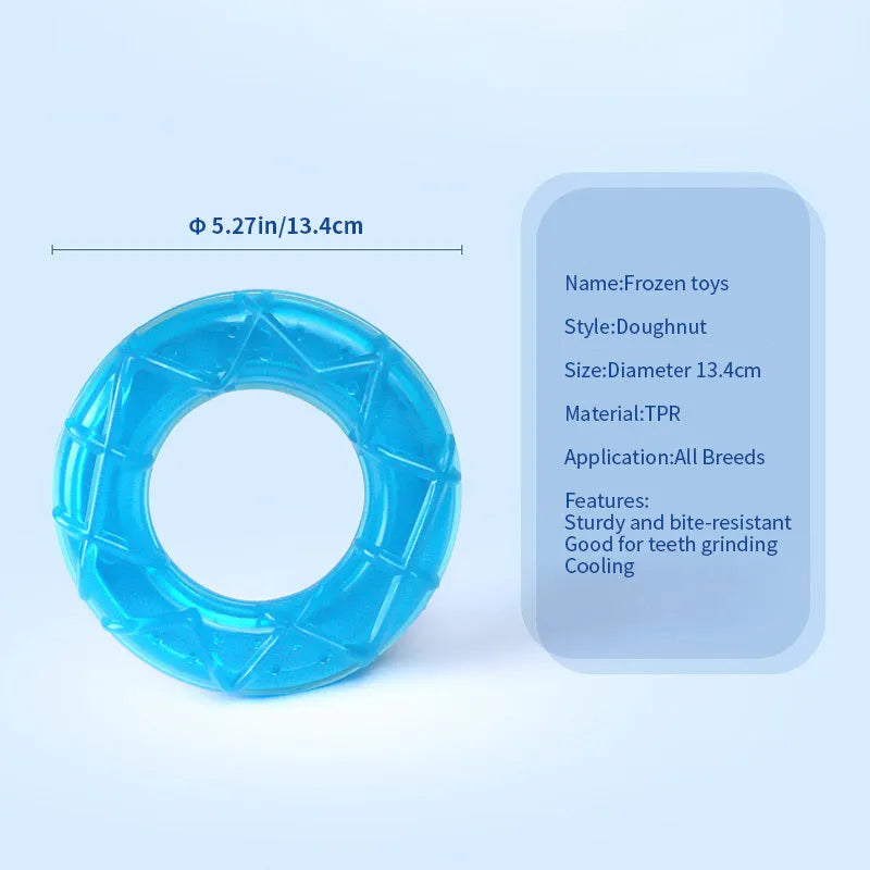 Set of four water-filled dog cooling toys in pacifier, popsicle, and ring shapes on a blue background.