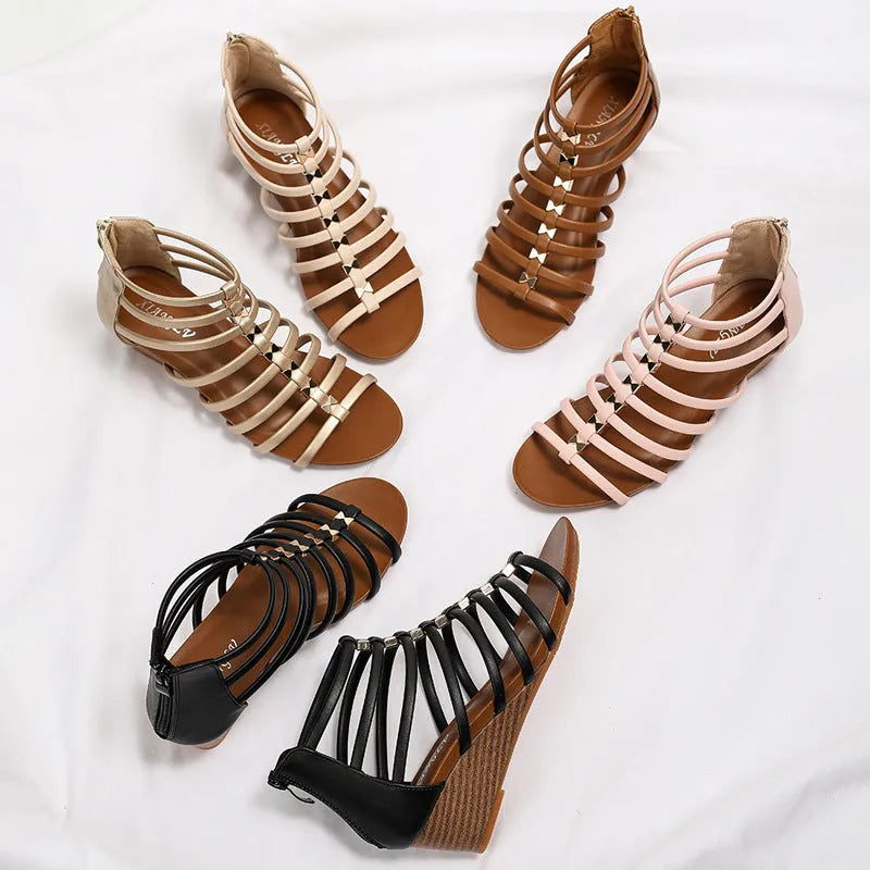 Women's wedge sandals with back zipper, PU upper, round toe, sizes 36-43, in black, brown, pink, light gold, milky white, or beige.