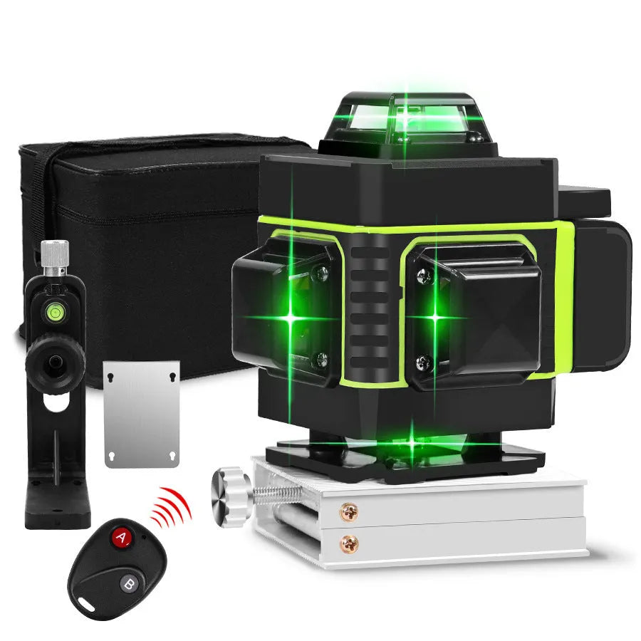 Rotating laser level tool showing green or orange 505nm laser beam for precise wall alignment