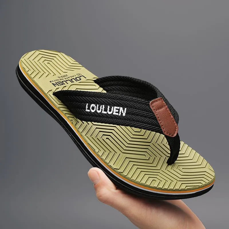 Men's flip flops in matcha green with an EVA upper and textured PVC sole.