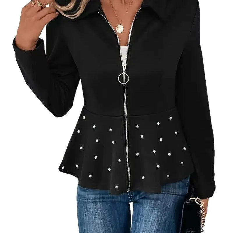 Women's black coat with beaded heavy-duty zipper and ruffled hem, loose fit, long sleeves.