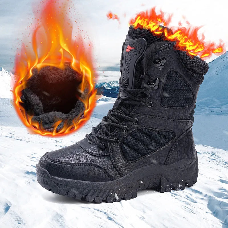 Men's brown and black snow boots with rubber sole, elastic band, and cotton lining, sizes 39-46