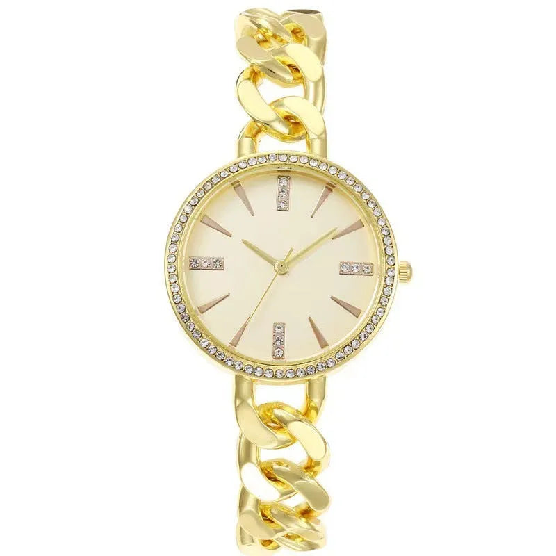 Women's wrist watch with thin alloy strap, circular dial, and titanium metal jewellery buckle