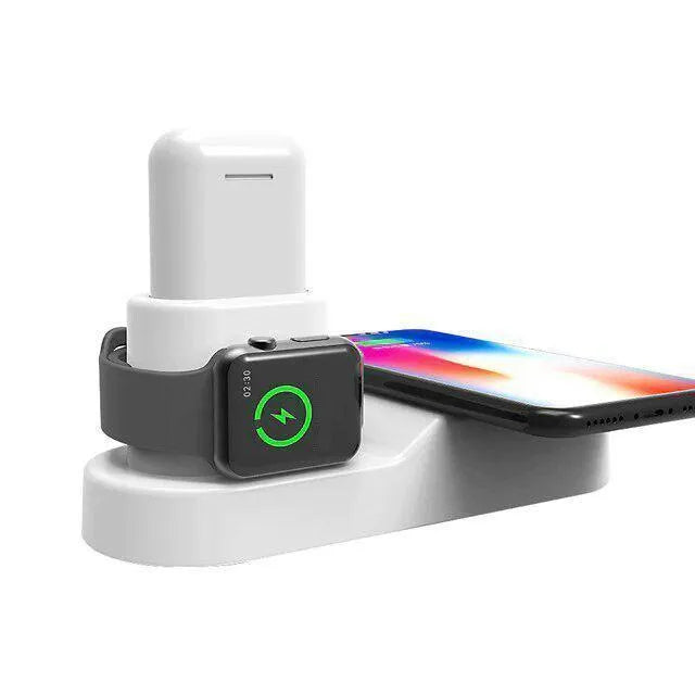 Black W3 3-in-1 wireless charging station for Apple Watch, iPhone and AirPods on a wooden desk.