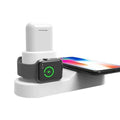 Black W3 3-in-1 wireless charging station for Apple Watch, iPhone and AirPods on a wooden desk.