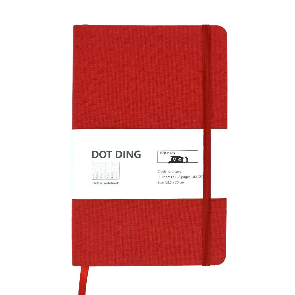 A5 bullet journal dot grid notebook with fabric hard cover, 160 pages of 100 GSM paper, available in red blue orange denim blue and gray