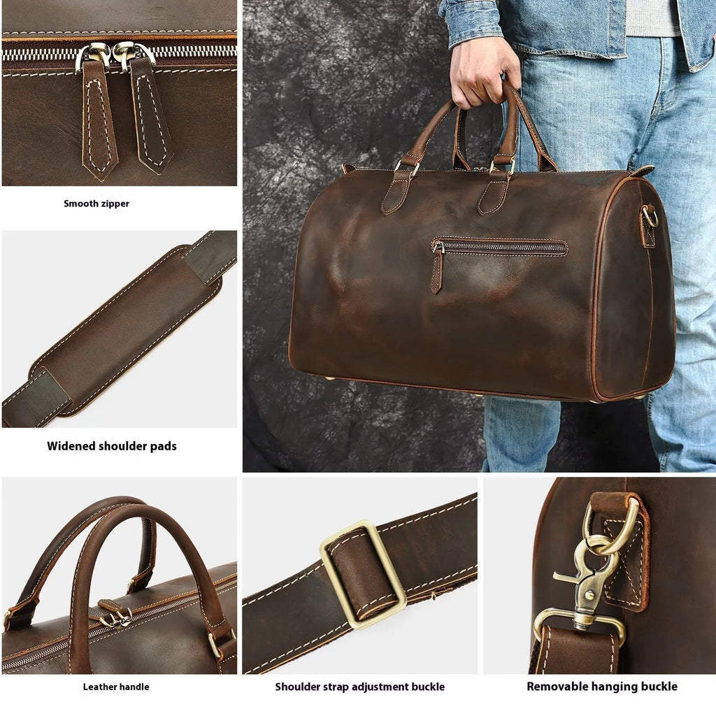 Men's large vintage genuine leather crossbody bag in black, shown with dimensions 48.3cm wide by 25cm deep.