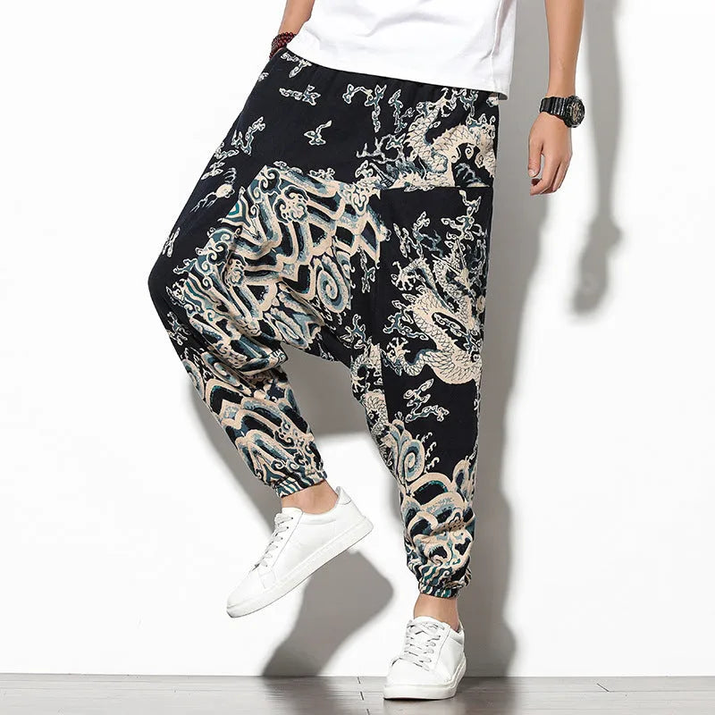 Women's summer bohemian loose wide-leg elephant flower print cotton trousers in blue fan colour