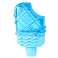 Set of four water-filled dog cooling toys in pacifier, popsicle, and ring shapes on a blue background.