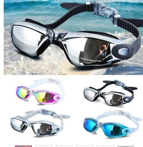 Swimming goggles with HD plating polycarbonate anti-fog lens and silicone seal in black