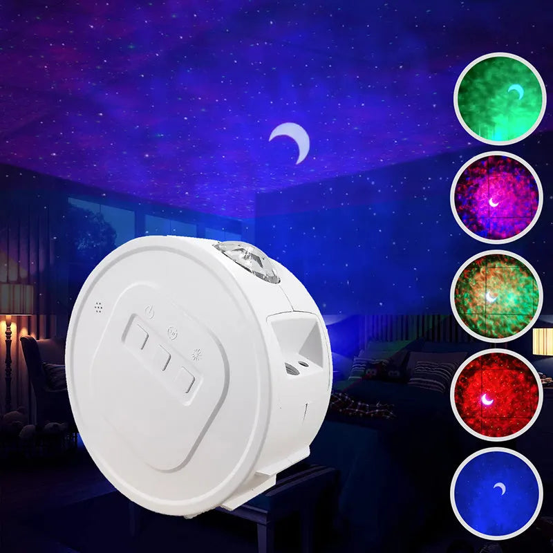 USB Ocean Star Projection Light with 360 degree rotation, starry sky pattern projected on ceiling, white lamp body on desk