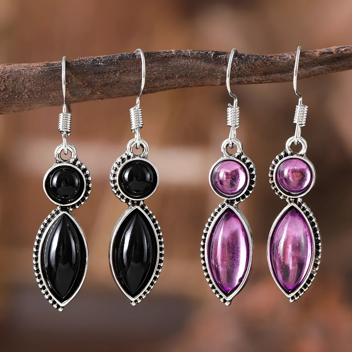Vintage geometric pendant earrings in zinc alloy with electroplated finish, shown in black or purple, women's retro bohemian style.