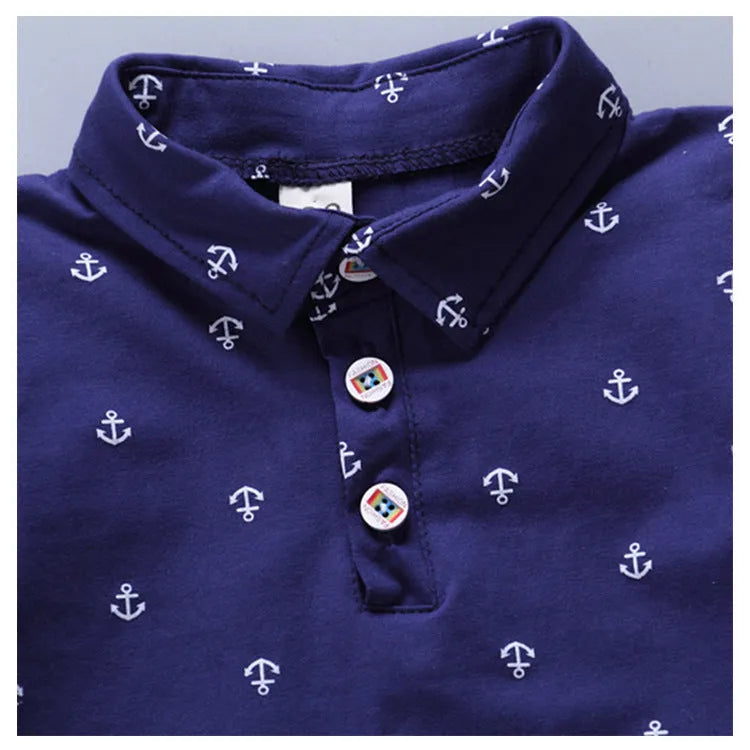 Anchor printed short sleeve cotton romper set for infant boy or girl in blue.