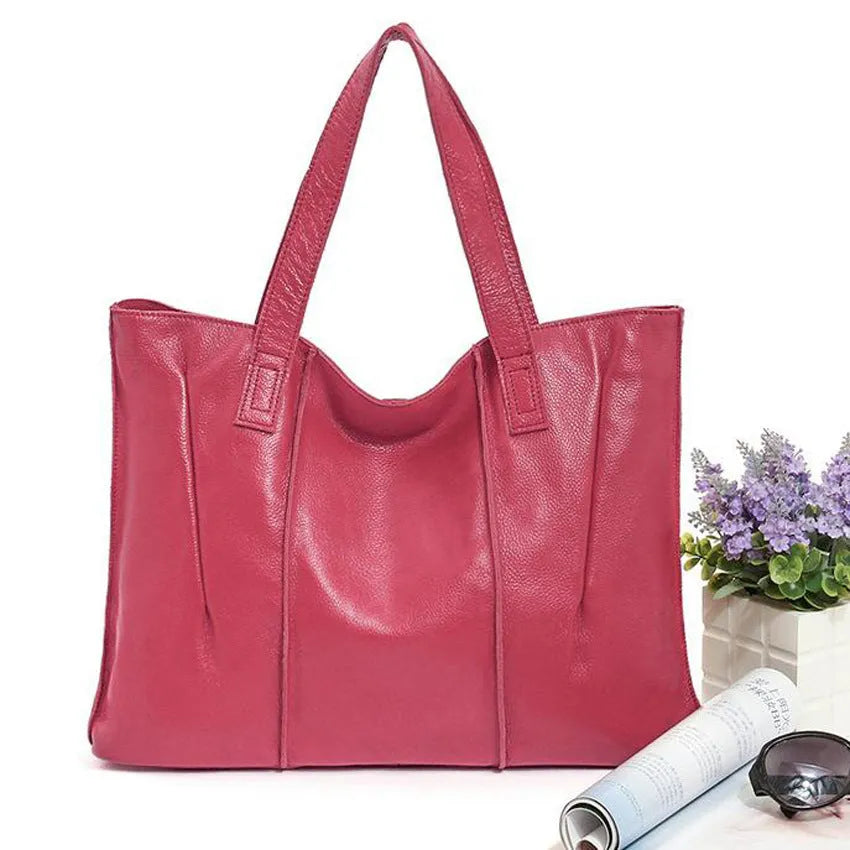 Top grain leather single shoulder tote bag for women, stitching and patchwork detail, apricot colour, large size