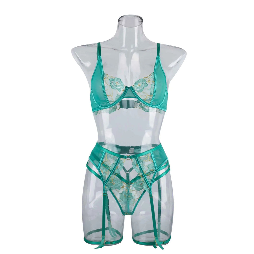 Light green women's embroidered bra and bikini set in three-point tights style