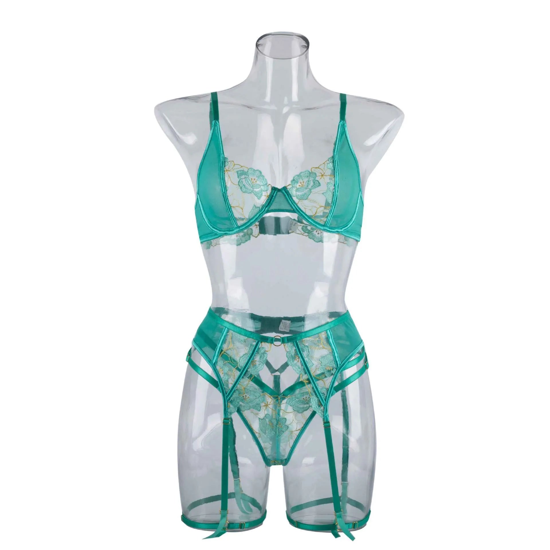 Light green women's embroidered bra and bikini set in three-point tights style
