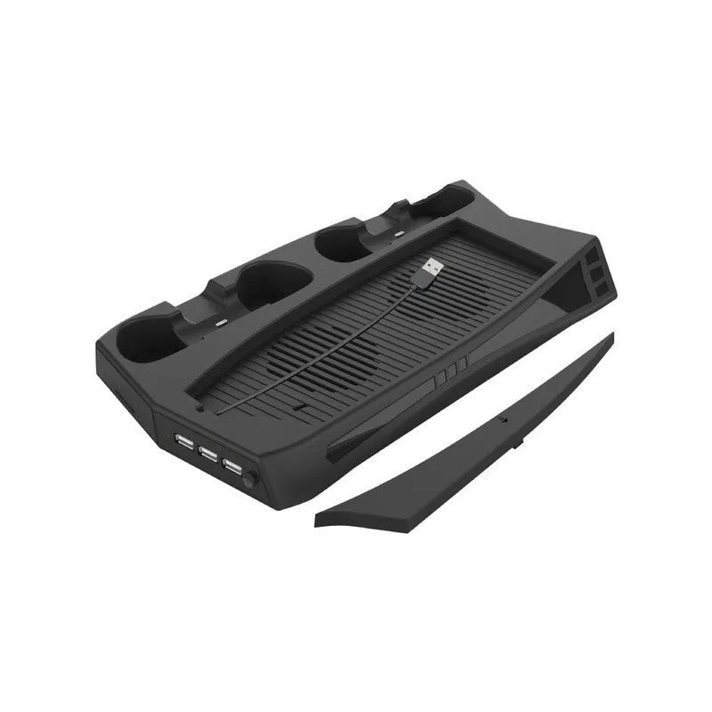 Black PS5 charging cooling fan base with two controller docks and USB ports