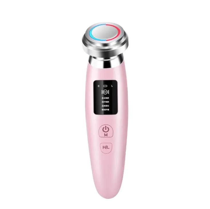 Pink portable skin rejuvenation and facial cleansing beauty instrument showing its compact size.