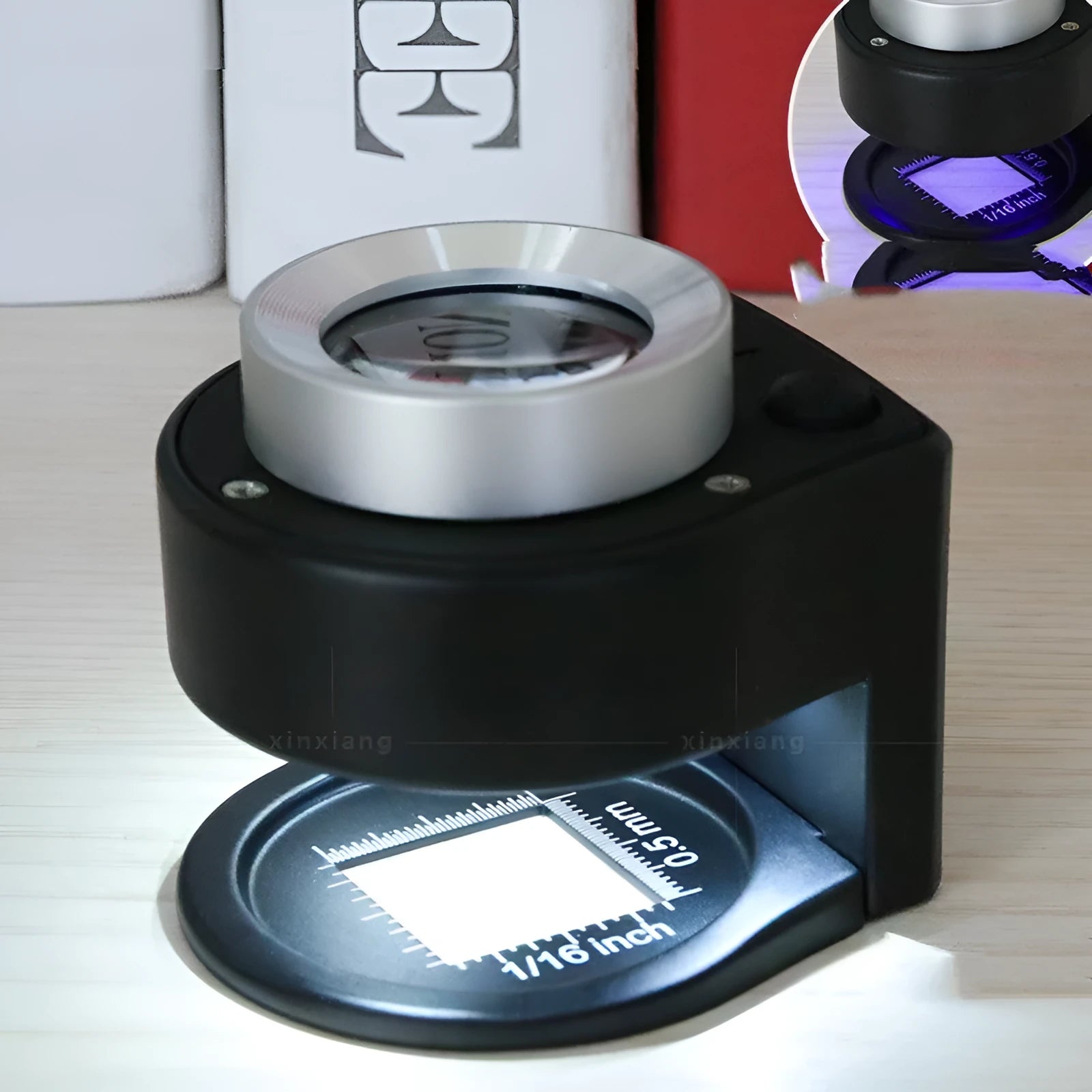 30x full metal magnifier with 6LED money detector light and scale lens, front view, in black finish