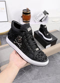 Men's black and red genuine leather high-top skeleton shoes with lace-up front.