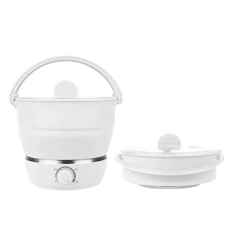 White folding electric cooker with silicone liner, food-grade, for camping and travel