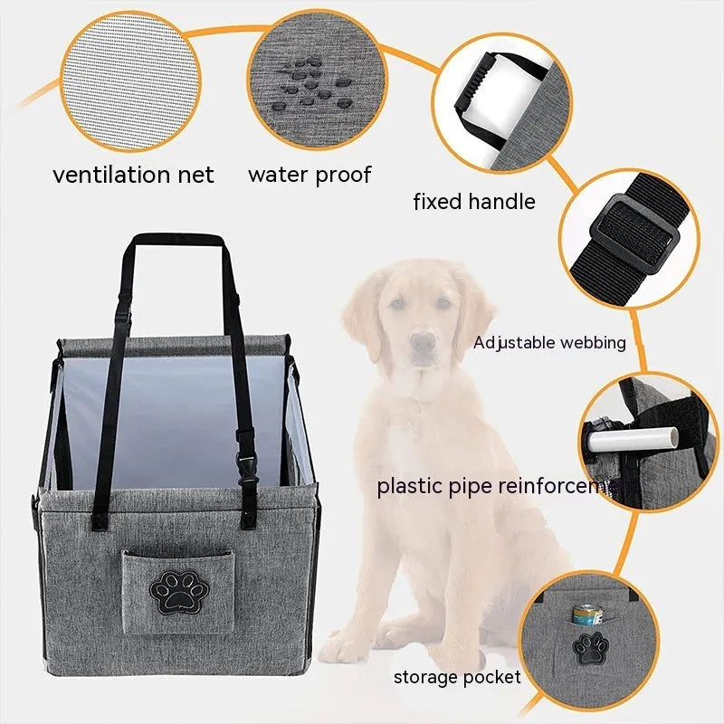 Oxford cloth foldable dog crate in black, shown next to a car