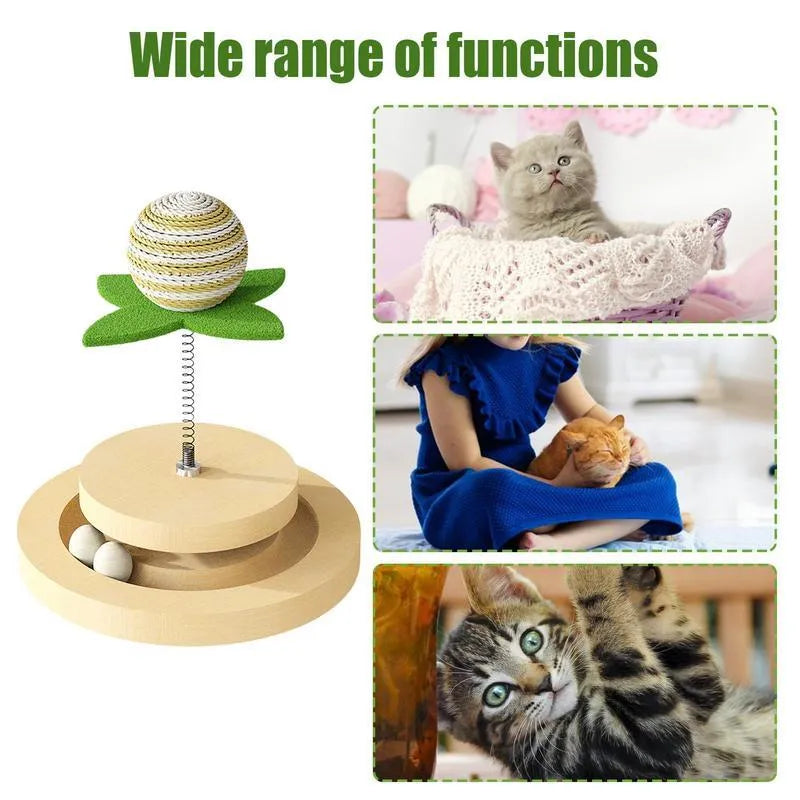 Green sisal cat scratching pad with ball track toy featuring rotating turntable design